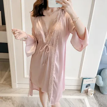 2019 Moterims, Chalatai Suknelė Rinkiniai Sexy Nėrinių Satino Sleepwear 2 vnt Pižama naktiniai drabužiai Šilko Marškiniai Miego, Poilsio kambarys su Krūtinės Pagalvėlės
