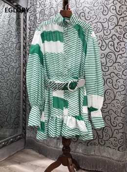2020 M. Rudens Mados Dryžuotas Suknelė Aukštos Kokybės Dizaineris Moterų Žalia Spalva Blokuoti Tunika Mygtukai Deco Ilgomis Rankovėmis Pynimas Suknelė, Diržas,