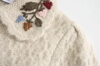 2020 m. Rudenį Moterų Siuvinėjimo Gėlių Mezgimo Atvartas Megztinis, Vintage Megztinis Trikotažas ilgomis rankovėmis Saldus Jumper Trikotažas