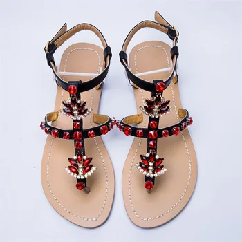 2020 NAUJAS Moterų vasarą šviečia paplūdimio Sandalai moteris bohemijos diamond sandalai flip flop kalnų krištolas batai Boho Atsitiktinis t-strap batai