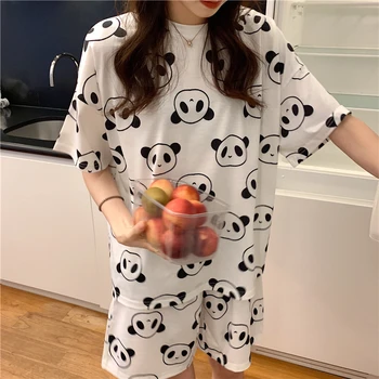 2020 Panda Print Vasaros Pižama Moterų Animacinių filmų Homewear Merginos Prakaito Mielas Pižama Prarasti Sleepwear Marškinėliai ir Šortai, 2 Rinkinys