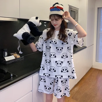 2020 Panda Print Vasaros Pižama Moterų Animacinių filmų Homewear Merginos Prakaito Mielas Pižama Prarasti Sleepwear Marškinėliai ir Šortai, 2 Rinkinys