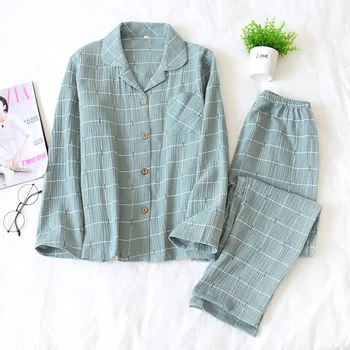 2020 Švieži pledas japonijos sleepwear moterų pižama rinkiniai pavasarį naują medvilnės ilgomis rankovėmis naktiniai drabužiai moterims, pižamos homewear