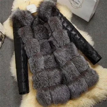 2021 Juoda Šiltai Tirštėti Nauji Aukštos Kokybės Dirbtinė Silver Fox Fur Coat PU Rankovėmis, Šiltas Žiemą, Didelis Kiemas Paltas Striukė Drabužiai