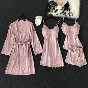 4 Vnt Nėrinių Seksualių Moterų Pižama Rinkiniai Spageti Dirželis Su Krūtinės Mygtukai Naktį Šortai Su Diržu Megztinis Nustatyti Sleepwear