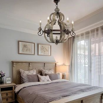 6 šviesos Kaimiškas Medienos liustra vintage baltas prancūziškas stilius kabo mediniai lempos, miegamojo, virtuvės gyvenimo valgomojo kambario dekoro