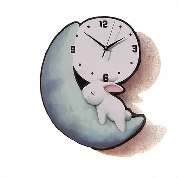 Animacinių filmų Spalvotas Piešimo Mielas Mėnulis Triušis Sieninis Laikrodis Išjungti Miegamasis, VAIKŲ Kambarys, vaikų Darželis Laikrodis Kūrybinių Mados Sieninis Laikrodis