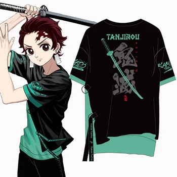 Anime Demon Slayer Kimetsu nr. Yaiba Kamado Tanjirou Cosplay T-Marškinėliai trumpomis Rankovėmis Unisex Black & Green Marškinėliai Tee Viršuje Kostiumai