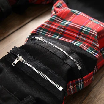 Aolamegs Džinsai Vyrams Škotijos Pledas Kratinys Gatvės Stiliaus Džinsinis Multi-Užtrauktukas Juostelės Advanced Atsitiktinis Hip-Hop Džinsai Streetwear