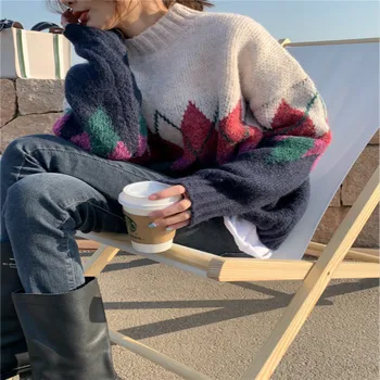 Argyle elegantiškos retro prarasti negabaritinių tingus stiliaus elegantiškas megztinis visas rungtynes, žiemos megztinis, vintage saldus streetwear 2020 m. žiemos viršūnės