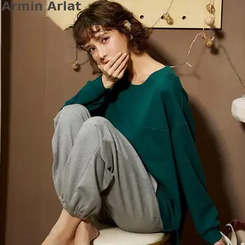 Armin Arlat Medvilnės Pajama Moterų Autunm Atsitiktinis apatinis Trikotažas Naktį Kostiumas Sweet Pijama ilgomis Rankovėmis Kietas Pižamos Femme Sleepwear 3XL