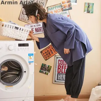 Armin Arlat Medvilnės Pajama Moterų Autunm Atsitiktinis apatinis Trikotažas Naktį Kostiumas Sweet Pijama ilgomis Rankovėmis Kietas Pižamos Femme Sleepwear 3XL