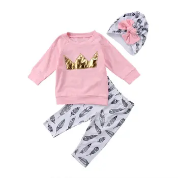 Atsitiktinis Naujagimių Bamblys Kūdikių Mergaitės, Pink Vainiką Viršūnės T-shirt + Plunksnų Kelnes Drabužių Komplektus Vaikas Mergaičių Drabužiai