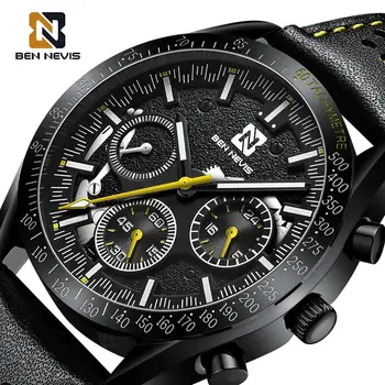 BEN NEVIS Sporto Laikrodžiai 3 Ciferblatas Juodas Top Brand Prabanga Chronograph Verslo Laikrodžiai natūralios Odos Juosta Laikrodžiai Vyras
