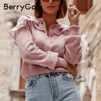 BerryGo Derliaus megzti prarasti plonas megztinis Moterims ilgomis rankovėmis elegantiška susiėmę cardigan Mygtukai rausvos spalvos, o kaklo rudenį megztiniai 2020 m.