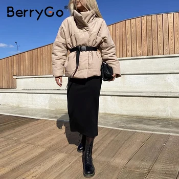 BerryGo Šiltas žieminis paltas striukė moterims parko Atsitiktinis varčias naujas dizainas su kišenėje paltas Stovėti apykaklės, chaki trumpas kailis moteris