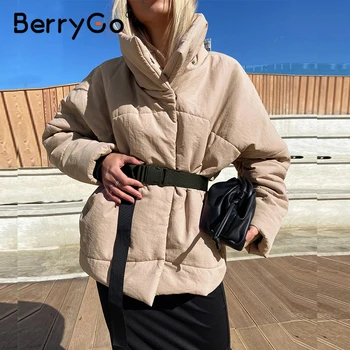 BerryGo Šiltas žieminis paltas striukė moterims parko Atsitiktinis varčias naujas dizainas su kišenėje paltas Stovėti apykaklės, chaki trumpas kailis moteris
