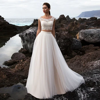 Booma Dviejų dalių Paplūdimio Vestuvių Suknelės 2020 Elegantiškas Vestuvių Suknelės Boho Šampano Bžūp Rankovėmis iliuzija vestido de novia Derliaus