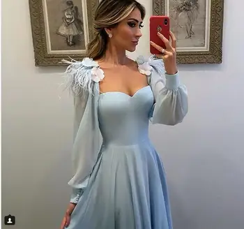 Dangus Mėlynas Musulmonų Vakaro Suknelės 2021-line Brangioji ilgomis Rankovėmis Šifono Saudo arabų Dubajus Promenadzie Suknelė vestidos de graduación
