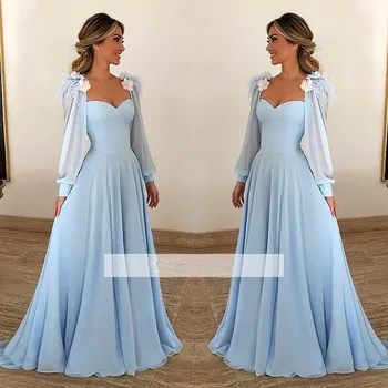 Dangus Mėlynas Musulmonų Vakaro Suknelės 2021-line Brangioji ilgomis Rankovėmis Šifono Saudo arabų Dubajus Promenadzie Suknelė vestidos de graduación