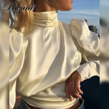 Dulzura long sleeve ruched aukšto kaklo backless nėrinių tunika palaidinė 2018 m. rudens žiemos moterų atsitiktinis marškinėliai atvira nugara į viršų