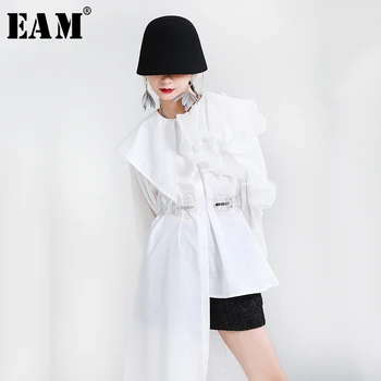 [EAM] Moterys, Baltos spalvos Klostuotas Nereguliarus Ilgai didelio Dydžio Palaidinė Naujas Atvartas ilgomis Rankovėmis Loose Fit Marškinėliai Mados Banga Pavasario Rudens 2021