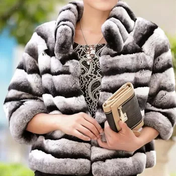 Gamtos šinšilų Rex Triušio nekilnojamojo kailių paltai moterims striukė trumpas paltas stovėti apykaklės, dryžuotas viršutiniai drabužiai 2019 žiemos drabužiai