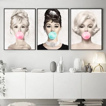 Garsus Žvaigždžių Plakatų Audrey Hepburn Marilyn Monroe Bubble Gum Wall Art Plakatai, Drobė Spausdinti Sienos Nuotraukas, Mergaitė Kambario Dekoro