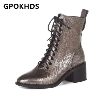 GPOKHDS 2021 moterų batai Karvės odos Žiemos trumpas pliušinis Suapvalinti Tne Užtrauktukas suvarstomi aukštakulniai moterų batai dydis 42
