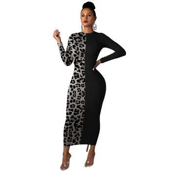 HAOYUAN Leopardas Spausdinti Bodycon Suknelė Moterų Mados Rudenį Žieminiai Drabužiai, Stora Vestidos Elegantiškas Cheetah ilgomis Rankovėmis Maxi Suknelės