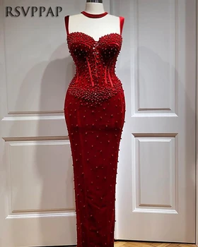 Ilgą Raudoną Vakarinių Suknelių 2020 Liesas Brangioji Seksualus Perlai Aksomo Grindų Ilgis Dubajus Oficialų Vakare Chalatai