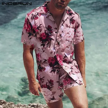 INCERUN Vyrų Rinkiniai Gėlių Spausdinti Atostogų Kvėpuojantis Paplūdimio Atvartas Trumpas Rankovės Marškinėliai, Šortai Streetwear Vyrų Havajų Kostiumai 2 vnt