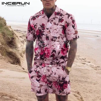 INCERUN Vyrų Rinkiniai Gėlių Spausdinti Atostogų Kvėpuojantis Paplūdimio Atvartas Trumpas Rankovės Marškinėliai, Šortai Streetwear Vyrų Havajų Kostiumai 2 vnt