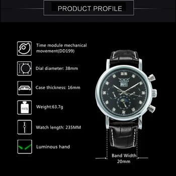 JARAGAR Mados Top Brand Prabangių Laikrodžių Vyrams, Automatinė Kristalų Apdaila Rinkimo Datos Rodymo Mechaniniai Laikrodžiai Juodos Odos Dirželis