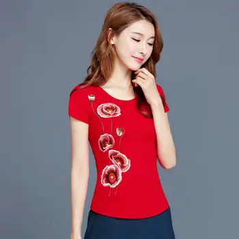 Karšto Siuvinėjimo Rudenį, Pavasarį Marškinėliai Moterims Sagtis Kinų Stiliaus Vintage marškinėliai Viršuje Tee Moters Drabužius Indie Folk Plius Dydis 5XL