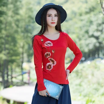 Karšto Siuvinėjimo Rudenį, Pavasarį Marškinėliai Moterims Sagtis Kinų Stiliaus Vintage marškinėliai Viršuje Tee Moters Drabužius Indie Folk Plius Dydis 5XL