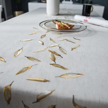 Lininė Siuvinėta Staltiesė Golden Leaf & Deimanto Modelis Vandeniui Lentelė Padengti Namų Valgomojo Šalies Šventinių Staltiesių Tekstilės