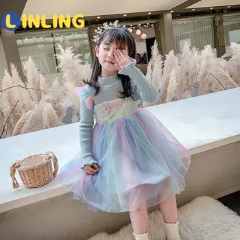 LINLING 2021 m. Rudenį Mergaitė Spalvinga Suknelės Medvilnės Vaikų Drabužiai Vaikams Laisvalaikio Suknelė Mergaitėms Gimtadienio vakarėlio Princesė P781