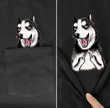 Medvilnės Marškinėliai Mados kišenėje Haskis Animacinių filmų print t-marškinėliai vyrams, moterims, marškinėliai Hip-hop viršūnes juokinga Harajuku tees dropshipp