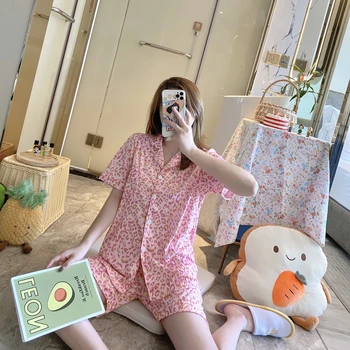 Medvilnės Pižamos Kostiumas Moterims Trumpomis Rankovėmis, Šortai Pajama Komplektai Ponios Mielas Animacinių Filmų Spausdinimo Japonijos Paprasta Sleepwear Homewear Pijamas