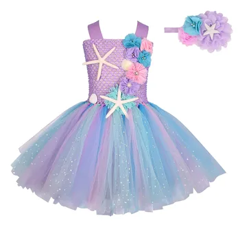 Merginos Pastelinių Mermaid Princesė Suknelė Su Lankelis Rinkiniai Baby Girl Gimtadienis Kostiumas Gėlių Tiulio Suknelė Cosplay Drabužiai