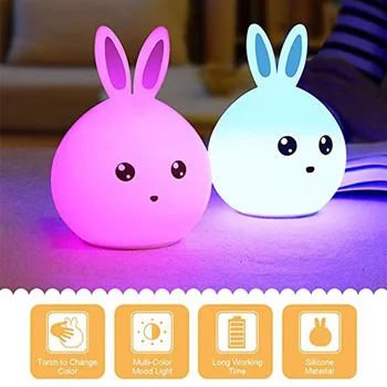 Mielas Triušis LED Nakties Šviesos Daugiaspalvis Silikono Touch Jutiklio, Naktiniai staleliai, Lempa Vaikams, Kūdikių Bakstelėkite Kontrolės naktinė lempa USB Kabelis