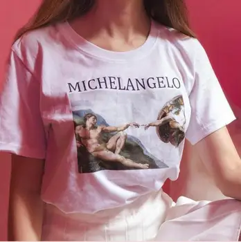 Mikelandželas Sistina Trumpomis Rankovėmis T-Shirt Moterims