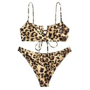 Moterų Bikini Komplektas Tigras Modelis Serpentine Spausdinti Bikini Užrišti Liemenėlė + Push Up Thong Maudymosi Ponios Leopardas Spausdinti Bikini 2020 M.
