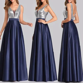 Moterų ilgą vakarinę suknelę plius dydis V kaklo satino oficialų prom įvykio suknelė pilka mėlyna kokteilis vestuvės dress