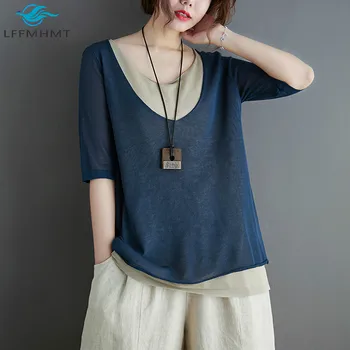 Moterų Vasaros Mados Korėja Stilių Kontrasto Spalvų Netikrą Du Gabalus Didelio Dydžio Megzti marškinėliai Moteriška Slim Fit Atsitiktinis Palaidų Laukinių Viršų