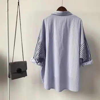 Mėlyna ir Balta Juostele Marškinėliai Moteriška Negabaritinių Mygtuką Žemyn Marškiniai ilgomis Rankovėmis korėjos Stiliaus Moteriški Mados Viršūnes Moteris Palaidinės 2020 m.