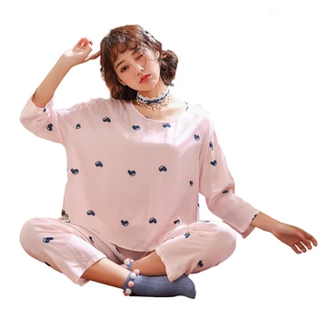 Namų paslauga pavasarį ir rudenį medvilnės pižama ponios tiktų vasaros XL ilgomis rankovėmis plonas, apvalios kaklo dryžuotas seksualus nightware пижама