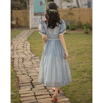 Naujas Moters suknelė trumpomis rankovėmis Velniop kaklo mėlynas abrikosų elegantiškas saldus princesė suknelės moteriška rudens-pavasario vestido femme