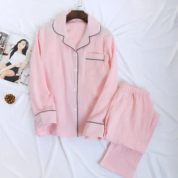 Naujas Paprastas Žvaigždžių Gryna Spalva Sleepwear Moterų Pajama Komplektai Japonijos krepo Medvilnės ilgomis Rankovėmis Šviežių Homewear Moterų Pižamos